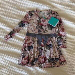 Posh Peanut Aster Print Long-Sleeve Dress with Gray Bow - Pink, Gray, Green